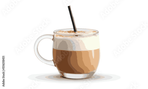 Iced Coffee, Frappe Coffee, Creamy Cappuccino, Mocha, Cold Coffee, Latte in a clear glass Mug with a straw illustration on a white background