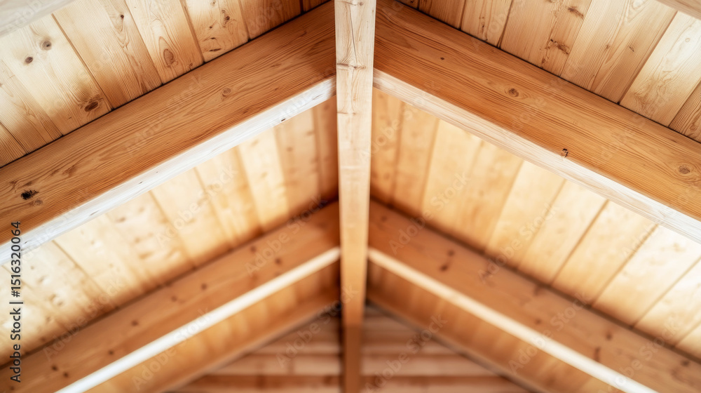 Wooden ridge beam connecting top points of roof rafters with professional lighting and clean background Wooden ridge beam connecting top points of roof rafters with professional lighting and clean background