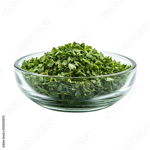 Glass bowl filled with dried moringa leaves isolated on a transparent background