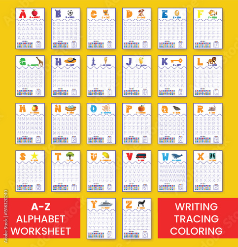 set of A to Z Alphabet learning and writing practice tracing worksheet template bundle, ABC writing, tracing, coloring practice a4 print ready worksheet vector template pack for kids