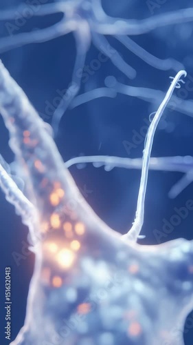 Close-up of interconnected neuron cells with electric impulses firing in neural network for brain activity study or neurological science illustration