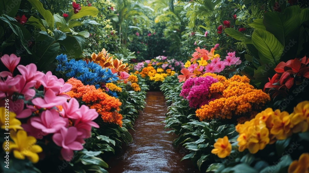 Vibrant tropical pathway through lush botanical gardens showcasing colorful native plants and exotic blooms in paradise Vibrant tropical pathway through lush botanical gardens showcasing colorful native plants and exotic blooms in paradise
