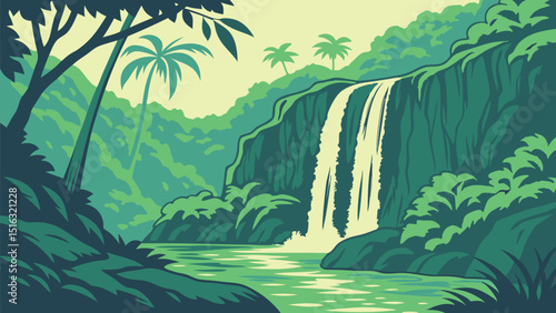 Tropical Jungle Waterfall – Vibrant Vector Illustration