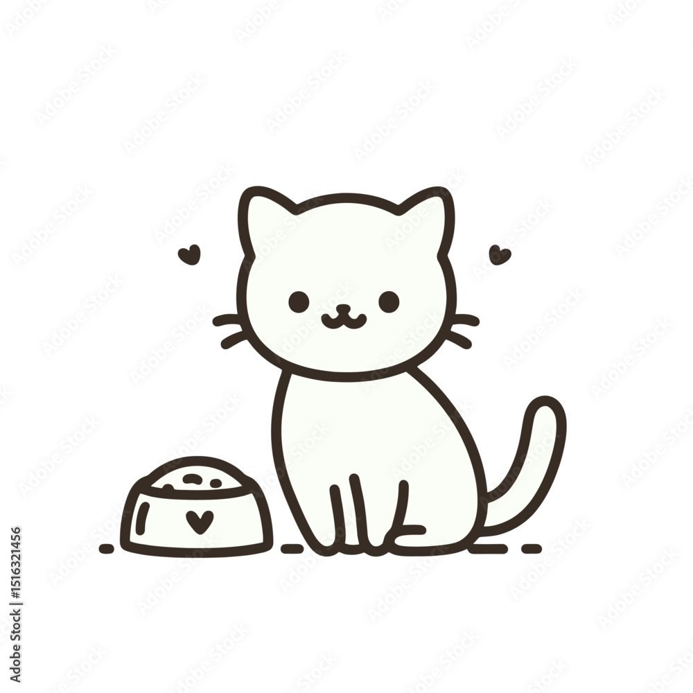 Fototapeta premium Cute cat sitting beside a bowl of food in a minimalist style 