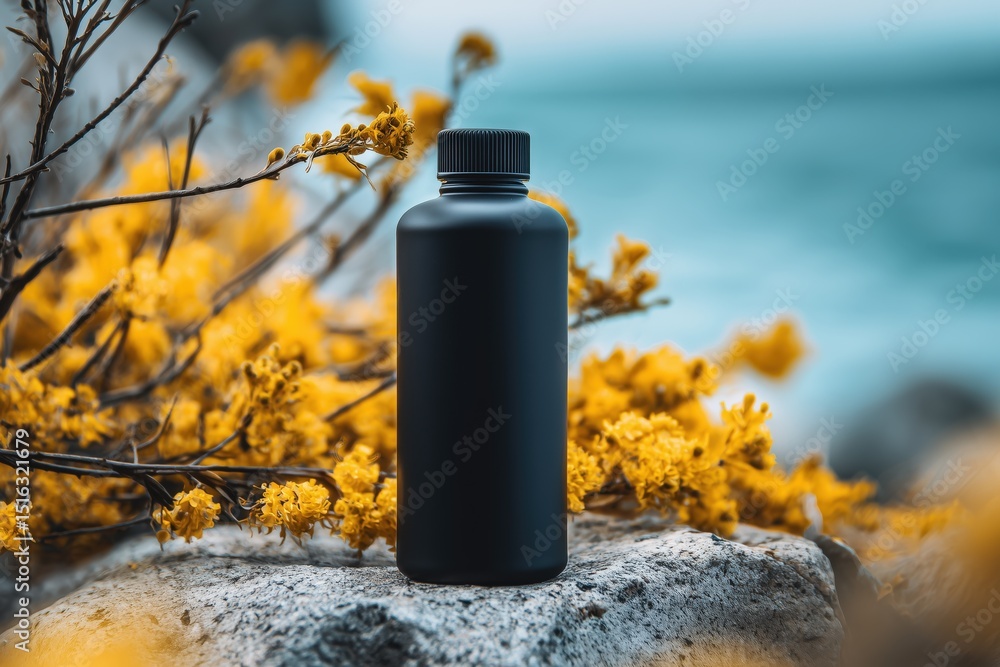A matte black cylindrical bottle with a black screw-on cap, resting on a textured gray stone A matte black cylindrical bottle with a black screw-on cap, resting on a textured gray stone