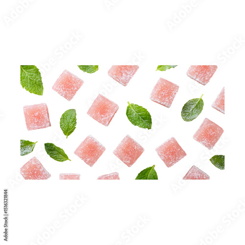 Peppermint gum with mint leaves isolated on a transparent background