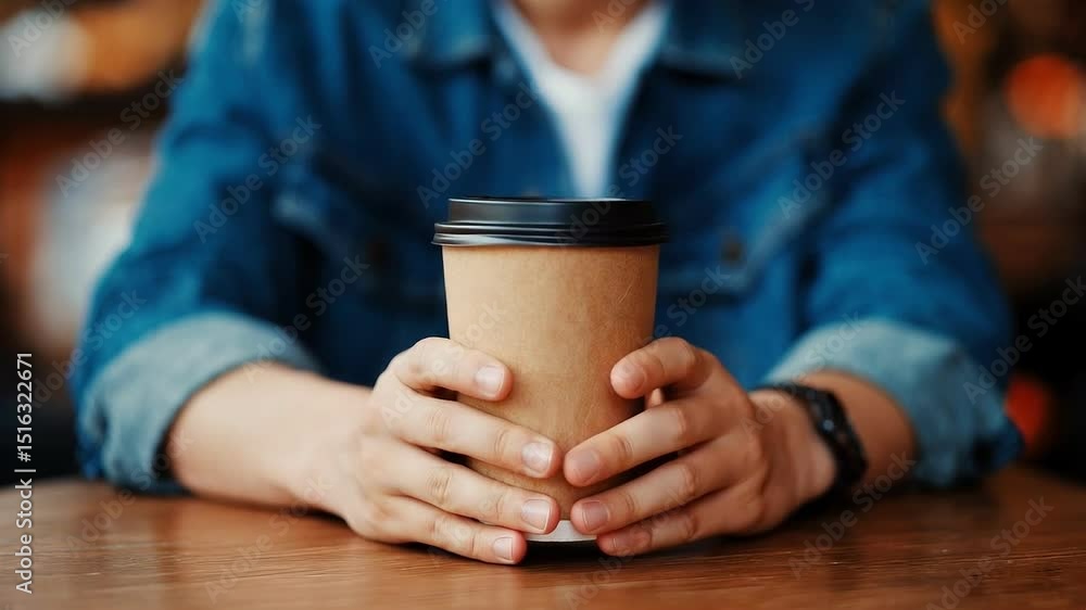 A person sits at a wooden table, holding a hot beverage in a disposable cup. The atmosphere is relaxed, showcasing the afternoon ambiance of a cafe filled with soft lighting and chatter A person sits at a wooden table, holding a hot beverage in a disposable cup. The atmosphere is relaxed, showcasing the afternoon ambiance of a cafe filled with soft lighting and chatter