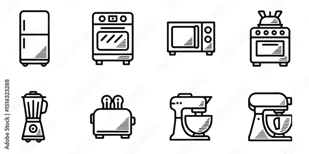Kitchen appliances vector icons set. Black outline of refrigerator, oven, microwave, blender, toaster, and mixer Kitchen appliances vector icons set. Black outline of refrigerator, oven, microwave, blender, toaster, and mixer