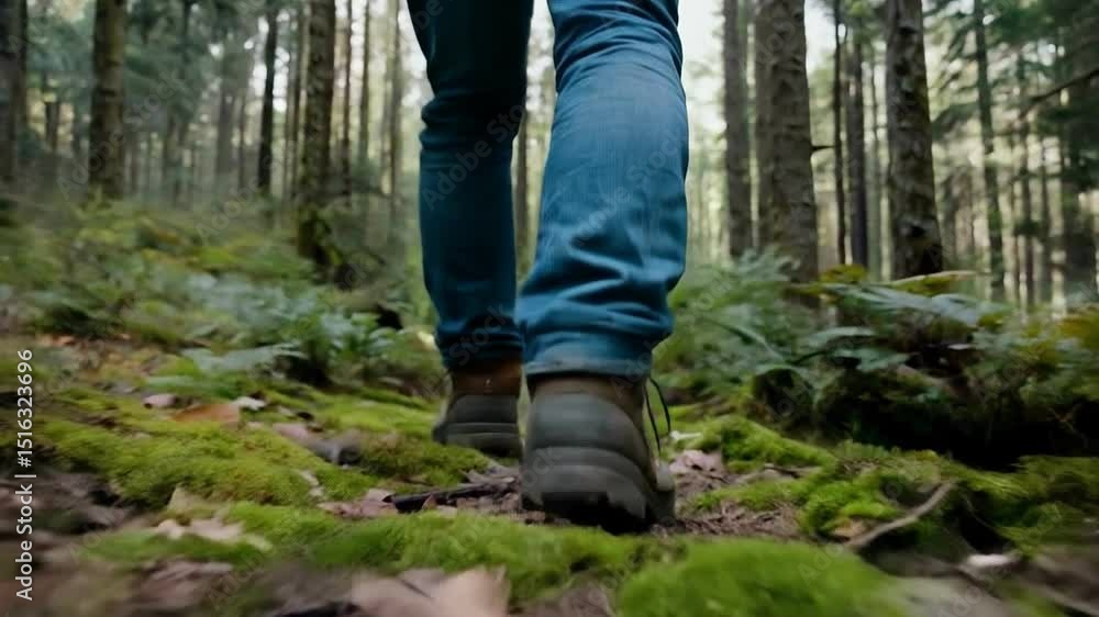 A person walks along a mossy forest path, surrounded by tall trees and ferns. The sun filters through the leaves, creating a serene atmosphere perfect for outdoor exploration A person walks along a mossy forest path, surrounded by tall trees and ferns. The sun filters through the leaves, creating a serene atmosphere perfect for outdoor exploration