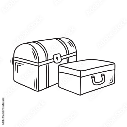 An old suitcase next to a trunk box