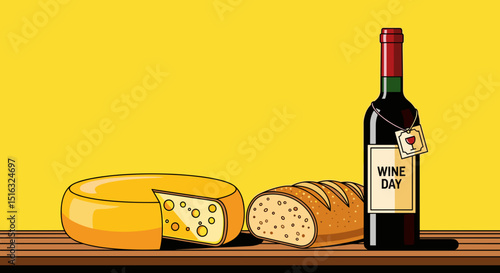 Wine bottle, cheese, and bread on wooden table against yellow background