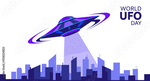 UFO descending over city skyline on World UFO Day