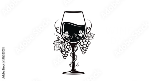 Elegant wine glass with grapes and leaves