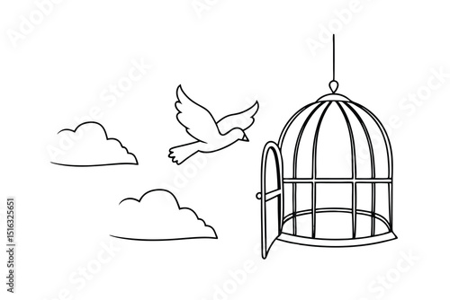 A soaring bird exiting an open cage depicting freedom and breaking free from confinement