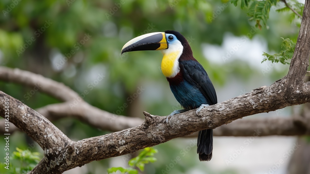 Colorful Toucan perches branch jungle background shows vibrant plumage. AI generated. Colorful Toucan perches branch jungle background shows vibrant plumage. AI generated.