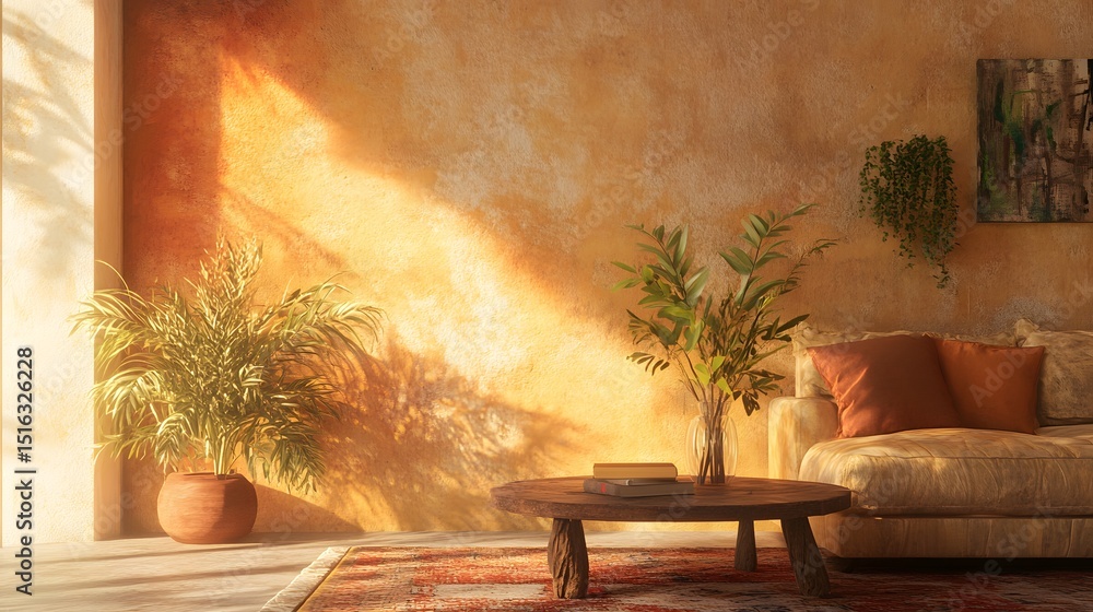 Obraz premium Sunlit living room with terracotta accents.