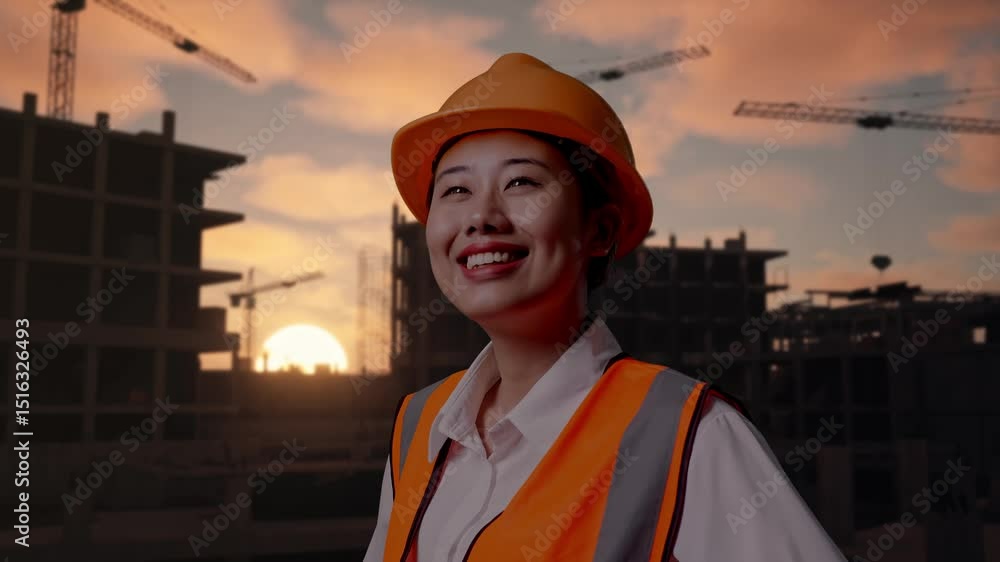 Close Up Side View Of Asian Female Engineer Wearing Safety Helmet Looking Around While Standing With Arms Akimbo At Construction Site in Progress to New House Close Up Side View Of Asian Female Engineer Wearing Safety Helmet Looking Around While Standing With Arms Akimbo At Construction Site in Progress to New House