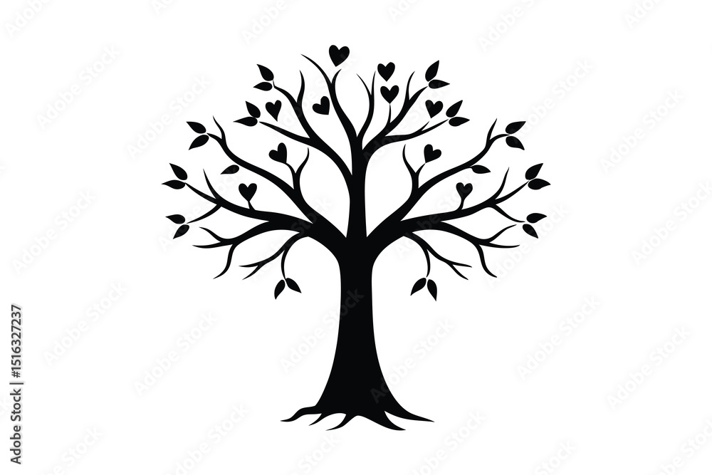 Fototapeta premium Black silhouette tree design with heart shaped leaves representing love and nature.