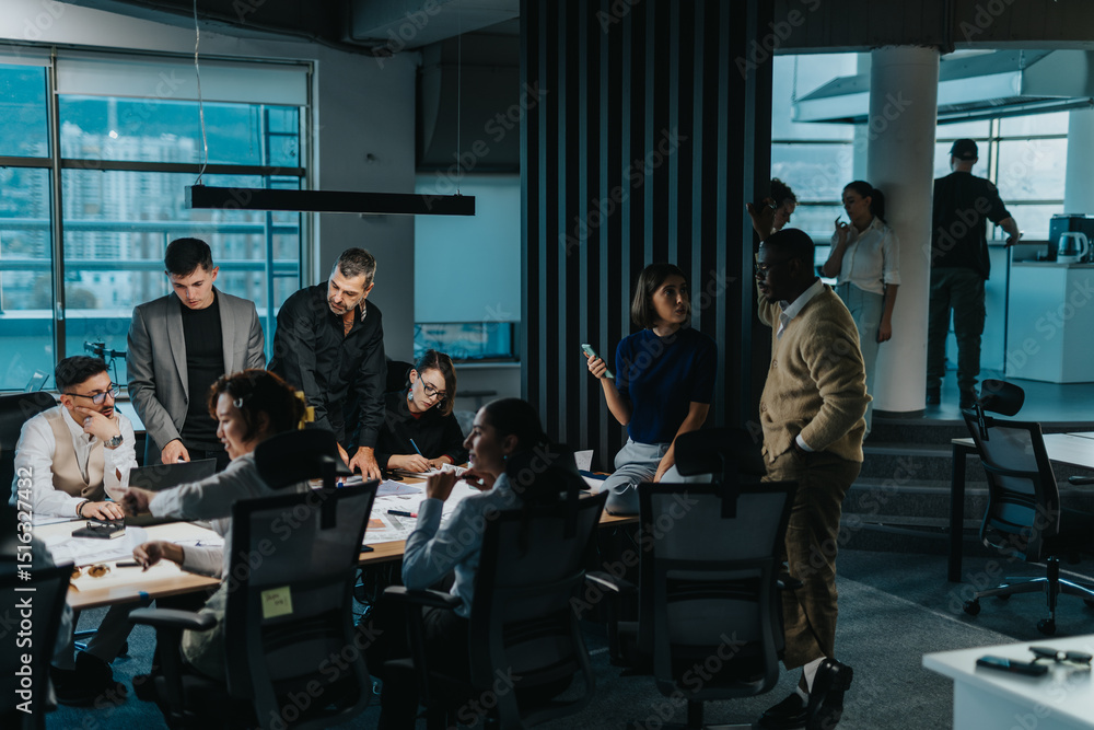 Fototapeta premium A diverse and multigenerational team of business people engaged in a lively brainstorming session, fostering teamwork and creative thinking in a contemporary office environment.
