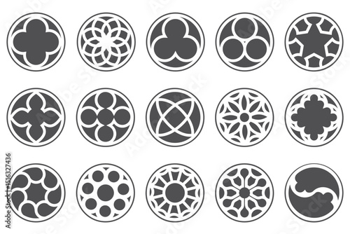 Gothic circle rose window with medieval ornament. Cathedral and castle rosettes on white background. Christian architecture elements with stained glass. Radial vector frames set.
