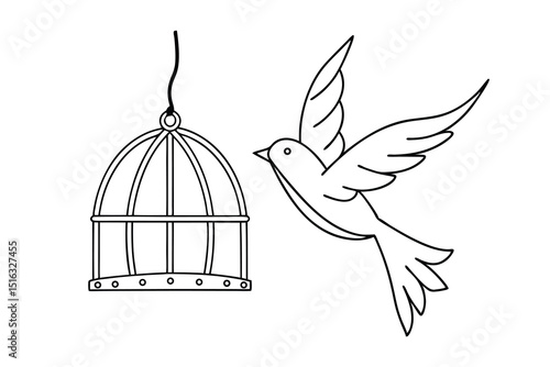 Freedom concept outlined illustration showing a bird escaping a cage with elegant line art