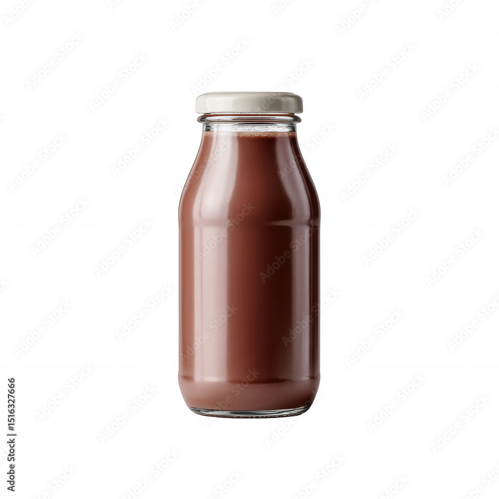 A bottle of rich chocolate milk, showcasing its creamy texture. The brown liquid is filled up to the neck, complemented by a silver cap. Perfect for dessert lovers. A bottle of rich chocolate milk, showcasing its creamy texture. The brown liquid is filled up to the neck, complemented by a silver cap. Perfect for dessert lovers.