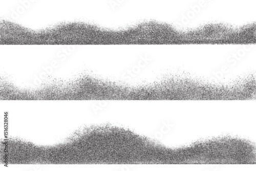 Noisy gradient wavy border. Dotted stipple vector effect. Grunge halftone spray gradation. Dusty mountains landscapes on white background.