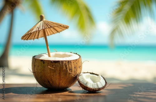 Wallpaper Mural refreshing summer cocktail in coconut decorated with straw umbrella on background of beach sea and palm trees. vacation concept Torontodigital.ca