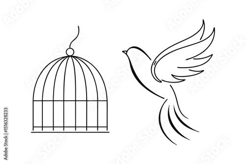 Minimalist illustration of a bird escaping a cage symbolizing freedom and liberation concepts.