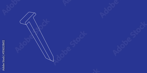 The outline of a large metal nail symbol made of white lines on the left. 3D view of the object in perspective. Vector illustration on indigo background