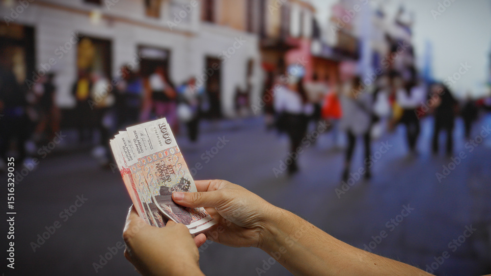 custom made wallpaper toronto digitalMan holding icelandic krona banknotes on a bustling urban street, capturing the essence of outdoor economic activity and investment in a lively town setting.