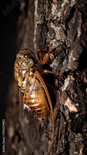 Close-up photograph of a brown cicada insect clinging to the textured bark of a tree, highlighting its intricate wing structure and detailed patterns.