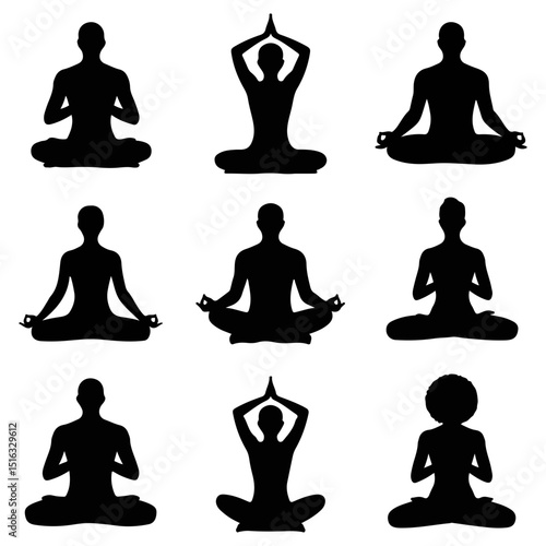 Silhouette collection of people in various yoga positions meditating in lotus pose on a white background