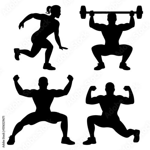 Silhouette illustrations showing people doing various weightlifting and fitness exercises in different poses
