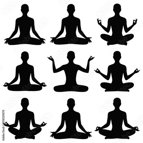 Silhouette illustration of nine figures in yoga lotus position meditating in black and white style