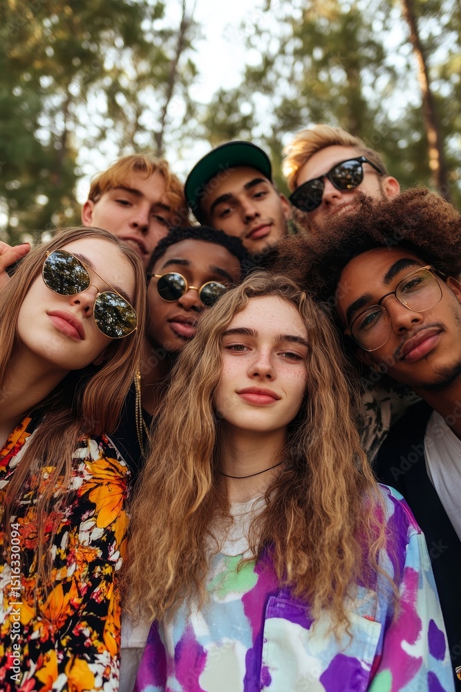 Fototapeta premium Vertical group portrait of multiracial young friends taking selfie with phone in the park. Millennial student people enjoying day off