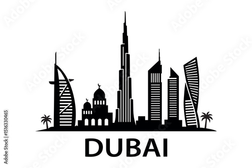 Dubai skyline with famous landmarks in silhouette
