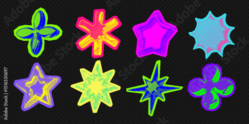 Y2k 3d punk neon colors light chrome halftone stars shape retro abstract vector illustration sticker set. Chrome silver 3d metallic halftone semitone retro effect bright neon color star collection.