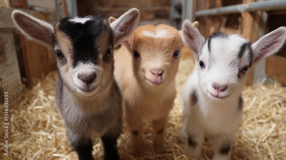 Fototapeta premium Three adorable baby goats standing playfully in a cozy barn surrounded by straw during daylight