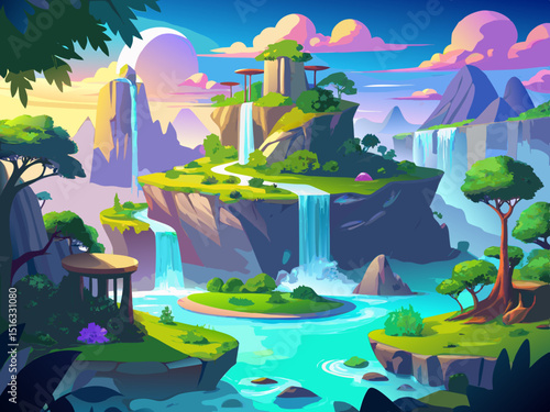 vector of Enchanted island with magnificent waterfalls and lush green landscape surrounded by ethereal mist and radiant light at dawn.