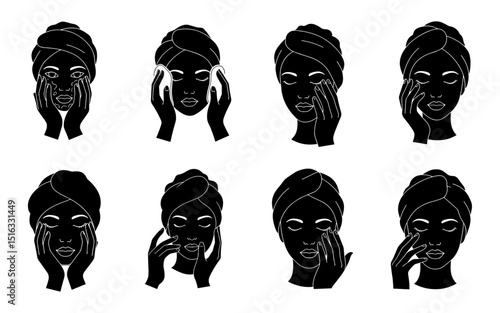 Set of eight black silhouette illustrations of a woman with towel turban performing facial massage steps, skincare routine, beauty and relaxation on white background

