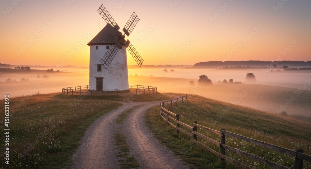 Obraz premium Scenic Windmill on Hill at Sunrise with Foggy Countryside