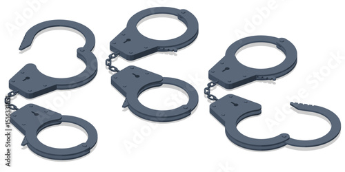 Isometric set of Police handcuffs isolated on white. Handcuffs on an empty background. Symbolizes financial crime, fraud, bribery, corruption, and law enforcement.