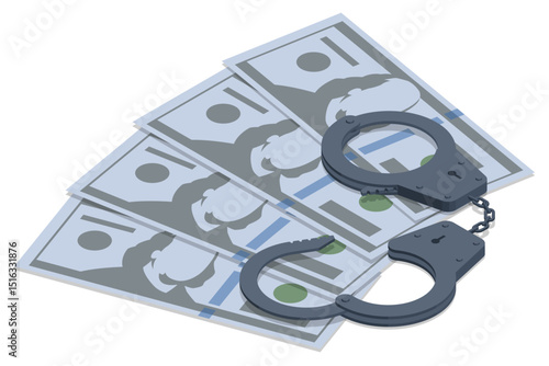 Isometric vector illustration of handcuffs on top of dollar bills. The image symbolizes financial crime, fraud, bribery, and corruption, perfect for law enforcement, justice, and economic issues.