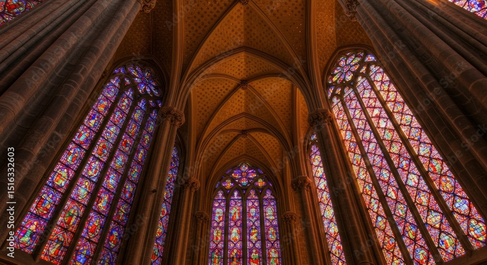 Fototapeta premium Viewing Stained Glass Windows in Gothic Architecture Ceiling