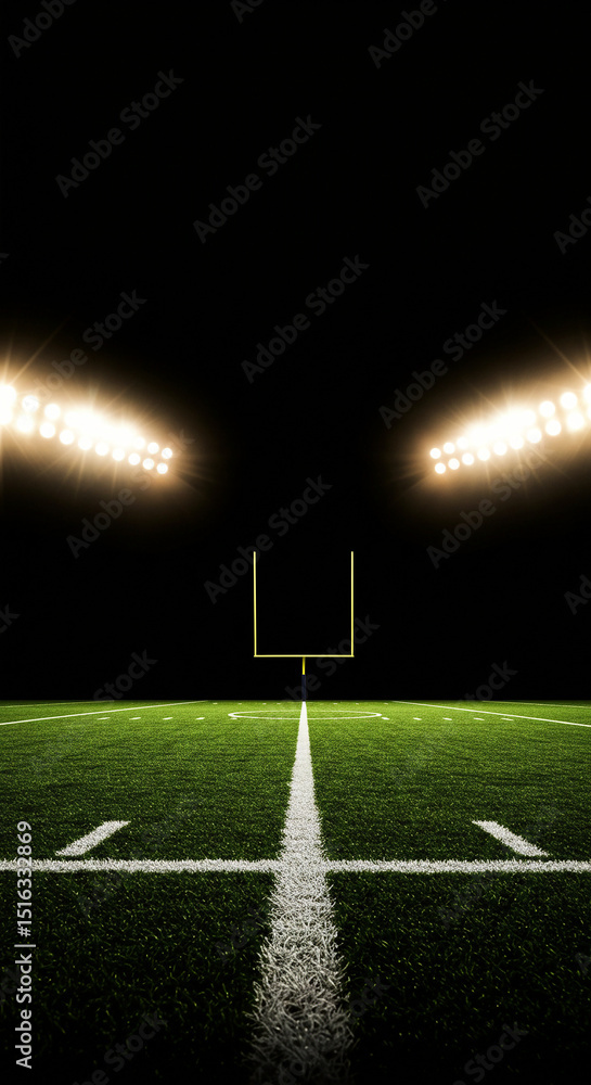 Naklejka premium Looking down empty sports field at night with bright stadium lights