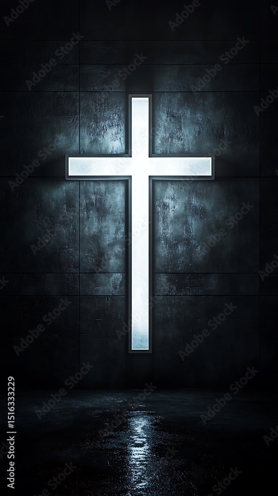Naklejka premium Illuminated cross on dark wall