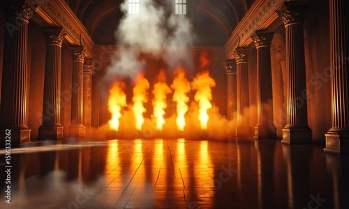 Fiery columns in a dramatic, ancient hall.