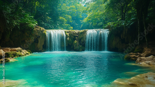 Twin waterfalls flow into a turquoise pool, surrounded by lush rainforest. Nature's serene beauty in a tropical paradise.