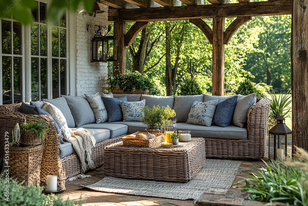 7-piece wicker outdoor sofa set with blue cushions and gray frame under umbrella on patio with rug, coffee table, lanterns, and garden plants 7-piece wicker outdoor sofa set with blue cushions and gray frame under umbrella on patio with rug, coffee table, lanterns, and garden plants